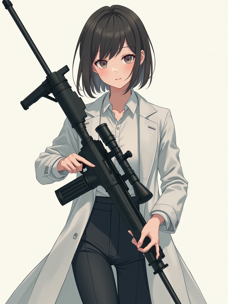 1 girl ,scientist girl, labcoat, holding a heavy sniper rilfe, beautiful clothes, high resolution, low quality, anime style, from girls frontline, fine details. girls frontline, girls frontline universe, girls frontline style, girls frontline, girls frontline cg, soft anime illustration, 2 0 2 2 anime style, 2022 anime style, pixiv contest winner, pretty anime character design, render of april