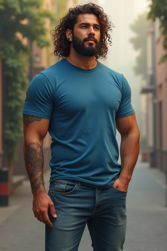 Realistic image Man with 1.75 and tall, brown skin type light caramel color, long curly hair, has brown eyes, small, has a well-groomed and full beard, big ears and uses a silver size 6 expander on one side only. Strong and well distributed body. wear casual clothes, likes blue t-shirts without print, jeans and casual sneakers