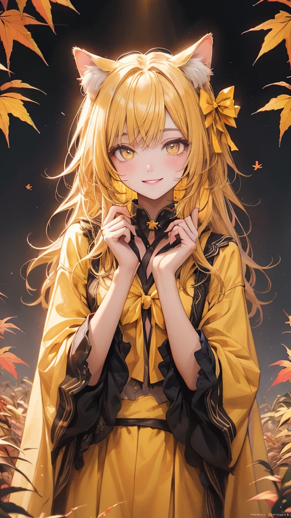 (masterpiece), Highest quality, Ultra-high resolution,Yellow ribbon cat ears、Yellow Hair、Yellow Eyes、Yellow clothes、serial、nice、autumn、smile、morning