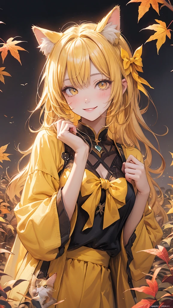 (masterpiece), Highest quality, Ultra-high resolution,Yellow ribbon cat ears、Yellow Hair、Yellow Eyes、Yellow clothes、serial、nice、autumn、smile、morning