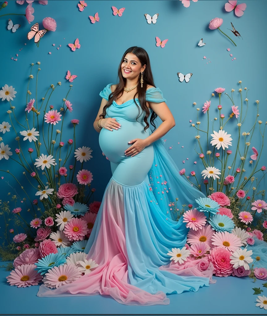 pregnant woman in a blue dress surrounded by flowers and butterflies, a colorized photo by Bernardino Mei, trending on cg society, art photography, cyan photographic backdrop, maternal photography 4 k, full body photoshoot, pink and blue colour, full body pose, * colour splash *, blue and pink colour splash, modeling photography, belly free teal dress, colored photography, full body wide shot