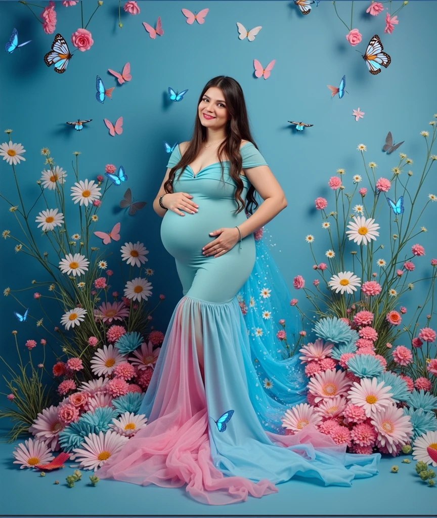 pregnant woman in a blue dress surrounded by flowers and butterflies, a colorized photo by Bernardino Mei, trending on cg society, art photography, cyan photographic backdrop, maternal photography 4 k, full body photoshoot, pink and blue colour, full body pose, * colour splash *, blue and pink colour splash, modeling photography, belly free teal dress, colored photography, full body wide shot