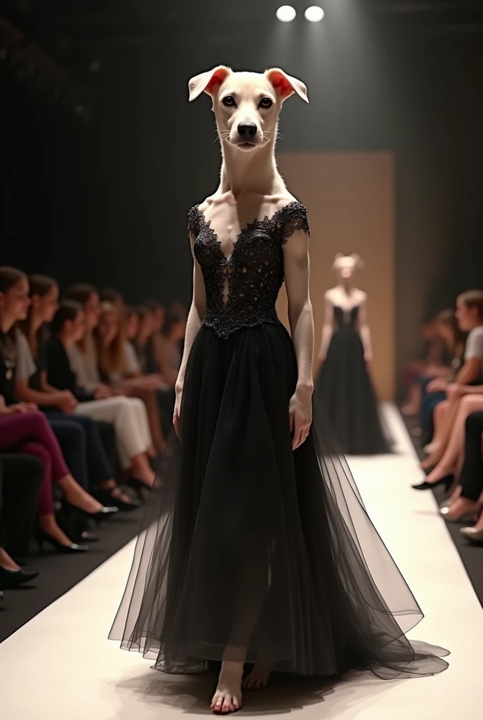 An ultra-realistic image of a dog confidently walking down a fashion runway. The babe is wearing an elegant dark-colored evening gown with intricate lace details on the bodice and layers of sheer, flowing fabric creating a dramatic effect. The background features an audience sitting along the catwalk, with the spotlight focused on the cat, giving the scene a glamorous, haute couture atmosphere. The dog's expression is composed and poised, exuding a sense of sophistication as he struts down the runway