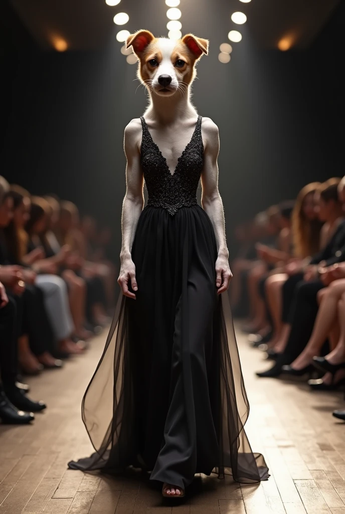 An ultra-realistic image of a dog confidently walking down a fashion runway. The babe is wearing an elegant dark-colored evening gown with intricate lace details on the bodice and layers of sheer, flowing fabric creating a dramatic effect. The background features an audience sitting along the catwalk, with the spotlight focused on the cat, giving the scene a glamorous, haute couture atmosphere. The dog's expression is composed and poised, exuding a sense of sophistication as he struts down the runway