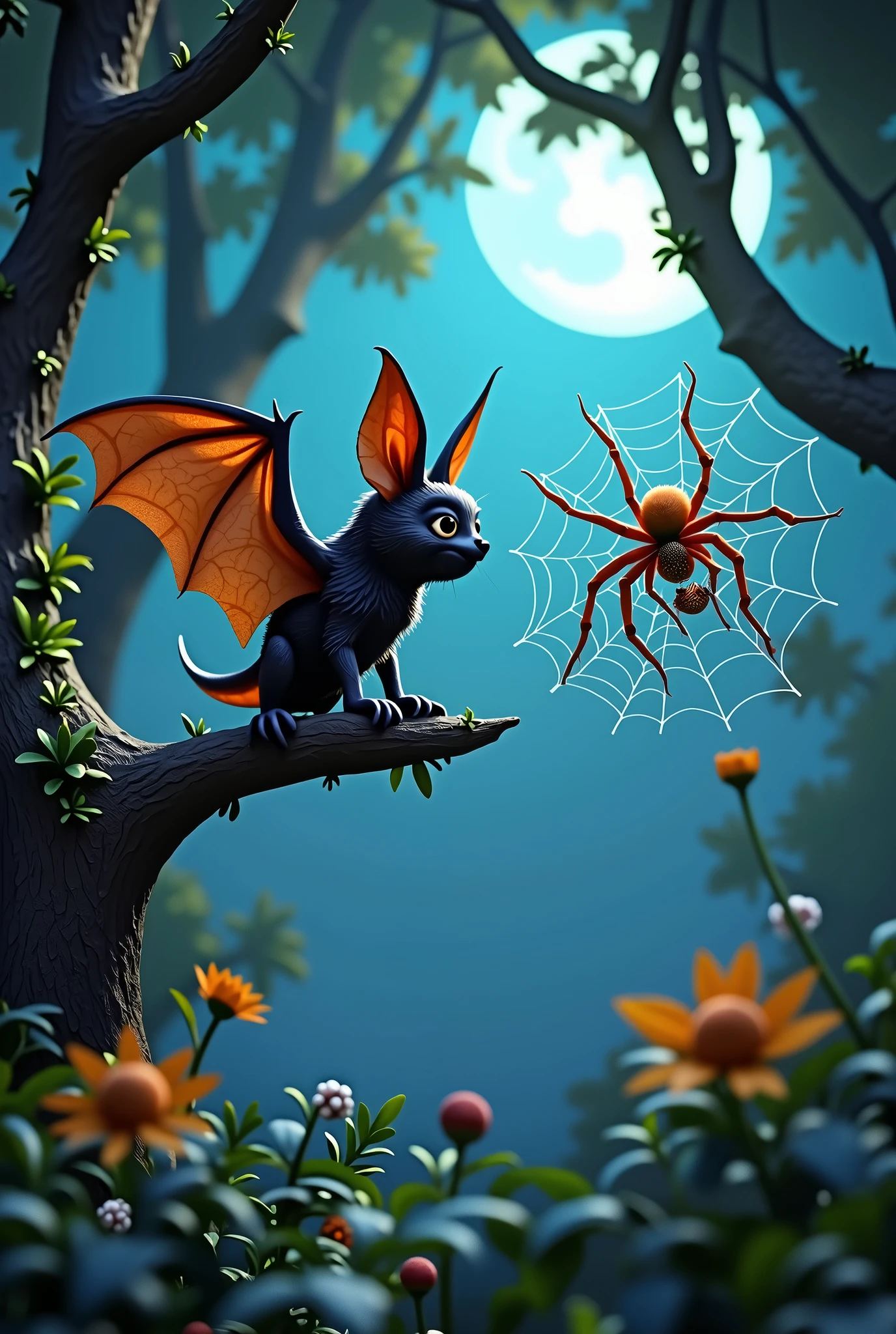 A bat and a spider having a conversation about superheroes