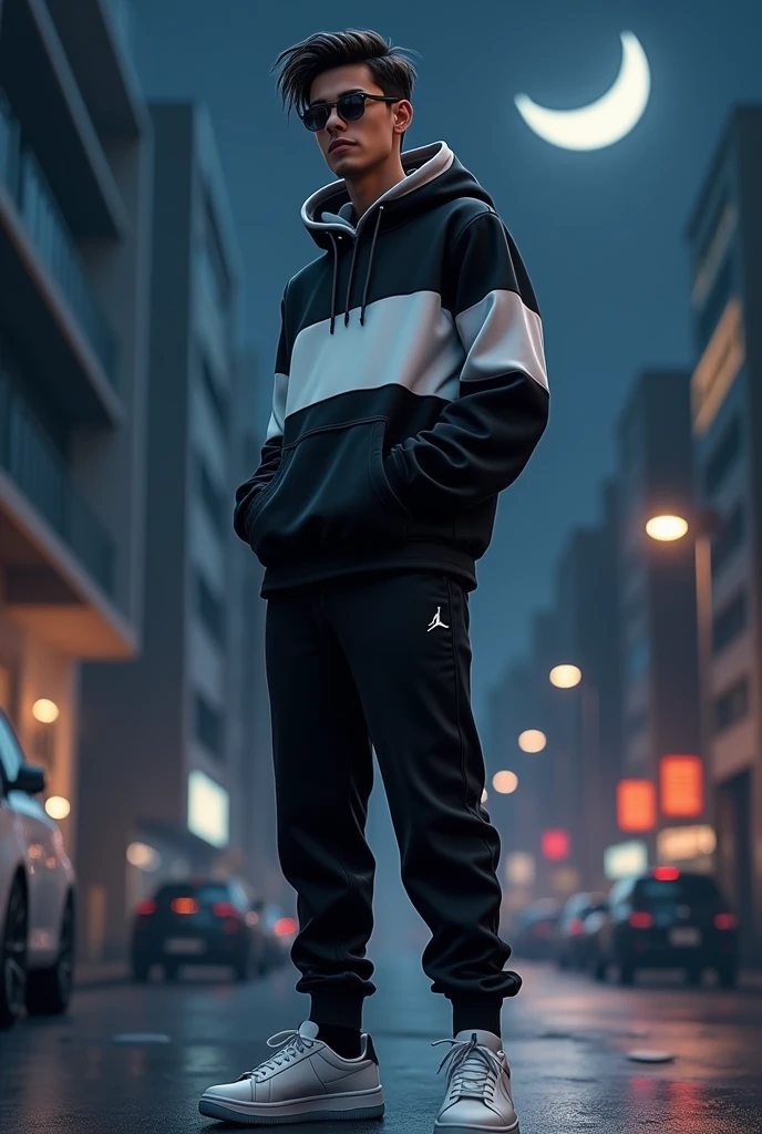 A 18years boy old mordan hear stayle shoes in black and whaith hoodie name Geeta Real stic ackgaruand Night moon said in girl very smarts hoodie si name geeta said si girl