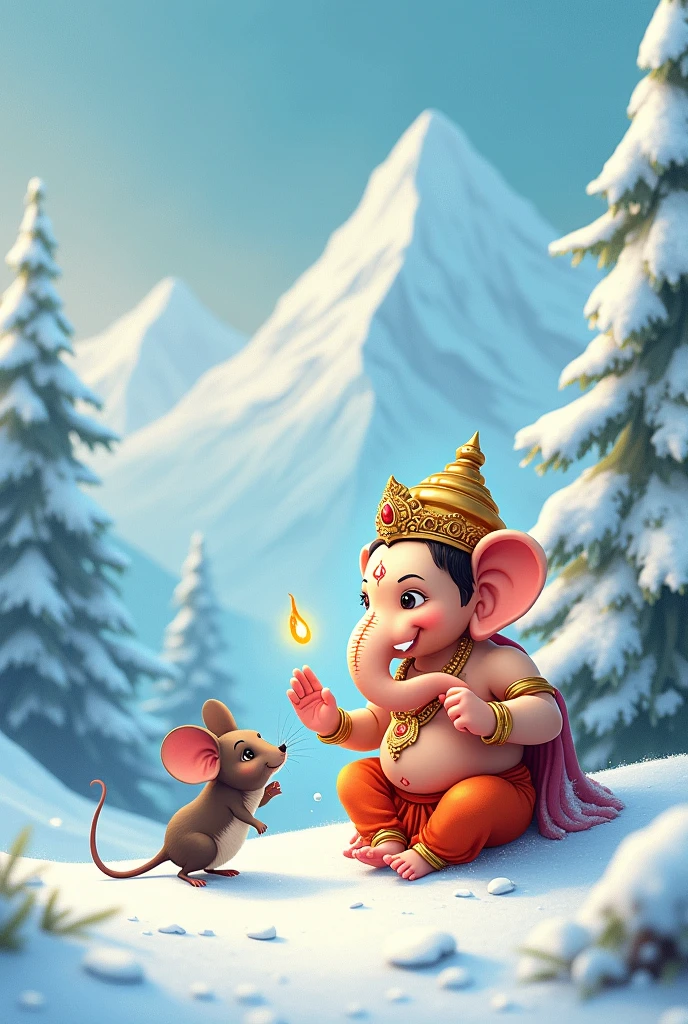 A mouse and Lord Ganpati with snow background 