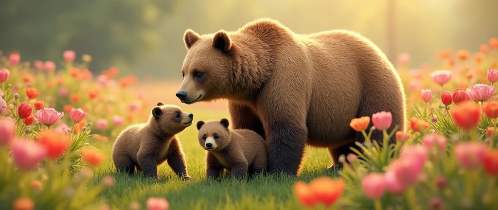 a brown bear, 2 baby bears, beautiful flower field, (best quality,4k,8k,highres,masterpiece:1.2),ultra-detailed,(realistic,photorealistic,photo-realistic:1.37),HDR,UHD,studio lighting,ultra-fine painting,sharp focus,physically-based rendering,extreme detail description,professional,vivid colors,bokeh,nature,wildlife,outdoor scene,lush green grass,soft sunlight,peaceful atmosphere,tranquil mood