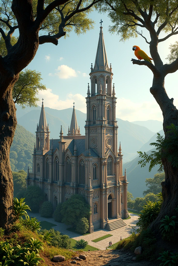 The cathedral of Beni, Bolivia with an almaendra tree and a yellow macaw.