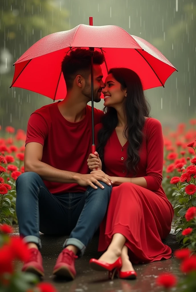 Slowly slowly rain with Ali and waniya with red flowers garden couple sitdown in a red
cycle Ali plug in a umbrella and Ali t shirt is a red and waniya dress in a red frock and couple smiling faces and boy clean shave couple shoes color is red and umbrella color is red in prompts