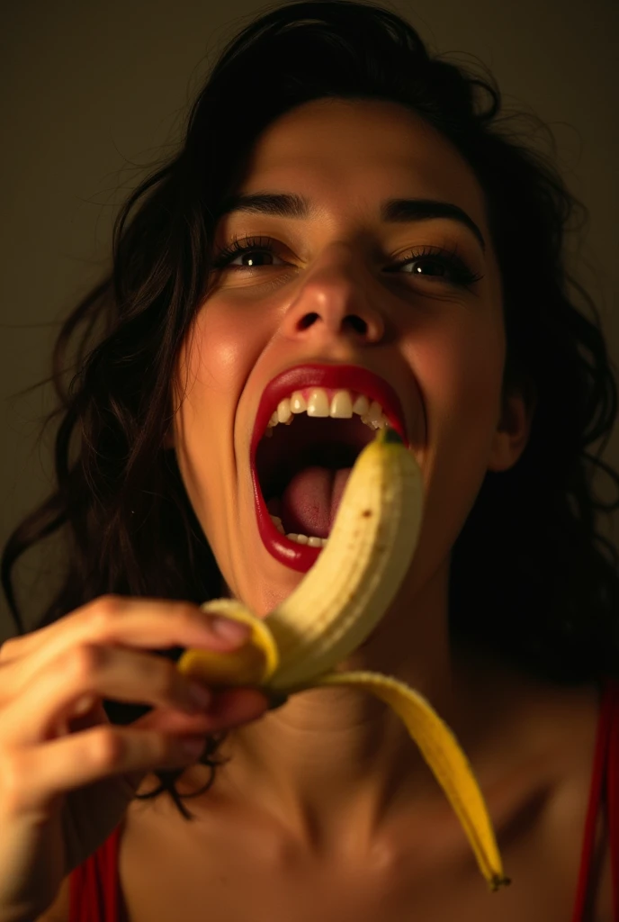 A woman experiencing sexual climax。With your right hand、holding a peeled banana。While feeling ecstasy、Like giving a blowjob、Banana in a naughty way、eating。Her mouth is wide open in excitement。With a lewd look、Looking at the front、Seducing men