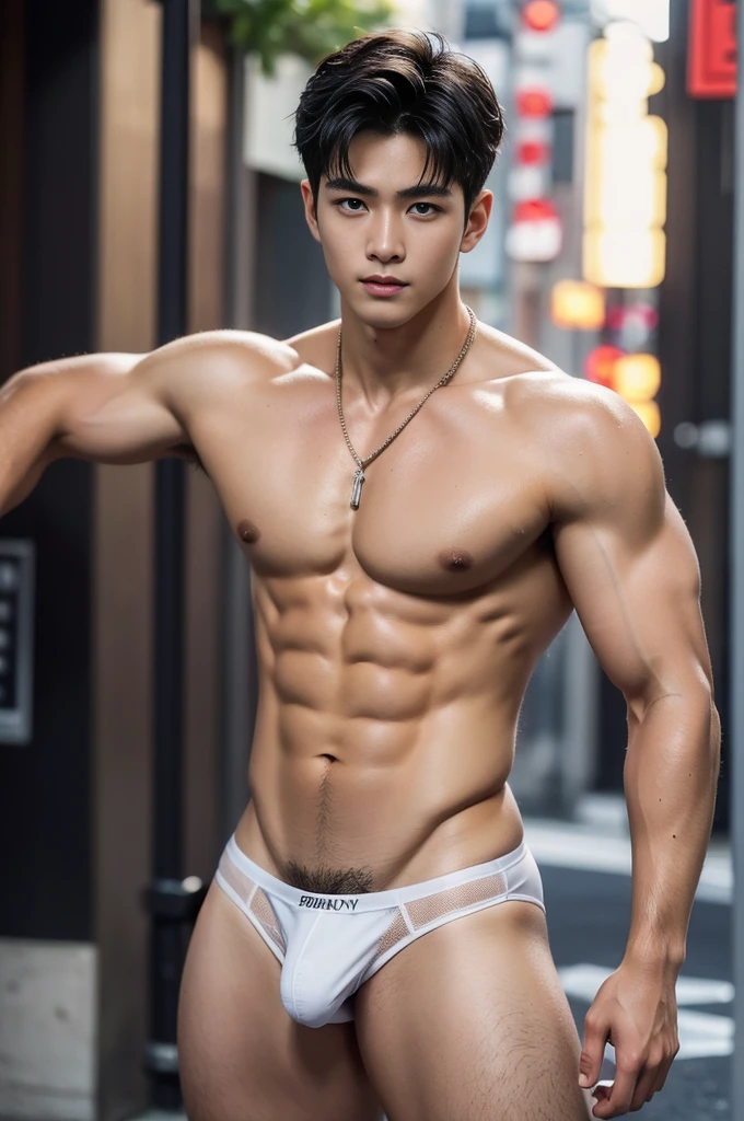 Don't close up, Tokyo street scenery, Tokyo street background, Full body photography, Crowded Tokyo street, very hot sunny day, crowded tokyi street scenery, Very micro red thong, Very hairy armpits, Very detailed finger, don't merge body, Very young Korean boy, ager boy, (photorealistic, masterpiece, best quality), white pale skin, muscular man, hunk, charming, attractive, wearing necklace in his neck, completely naked , Realistic, fully naked, nude, perfect , male , modeling for a photoshoot, editorial style, handsome man, detailed face, Topless, shirtless, boy, very young boy, Cinematic soft lighting illuminates a stunningly detailed and ultra-realistic handsome korean male supermodel, ultra messy curly hair, clear honey eyes, captivating perfect smile, sensual, hot man, insanely handsome, showing off his sweaty body, very sixpack muscular body build, slender, toned, full body, 8k, photography, masterpiece, detailed face, detailed eyes, detailed hands, in the crowded showing off his very bushy hairy armpits, only wearing very thin micro white thong with big hard dickprint bulge, very wet body, very sweaty body,
