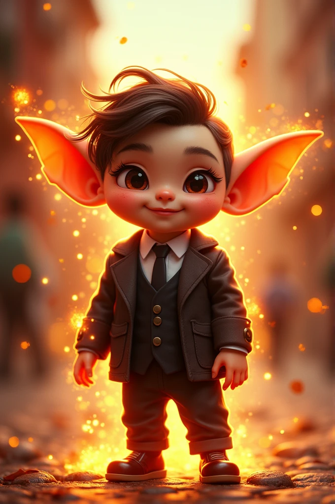"An image of a stylish goblin with a focus on a heat-generating feature, designed for Korean ddlers. The goblin is wearing a sleek, modern suit, giving it a smart and elegant appearance. It has a bright smile and large, friendly eyes, with small, cute horns. The goblin exudes a warm, glowing aura to emphasize the heat-generating ability. The background is vibrant and lively, appealing to young children while highlighting the goblin's unique, warm energy."