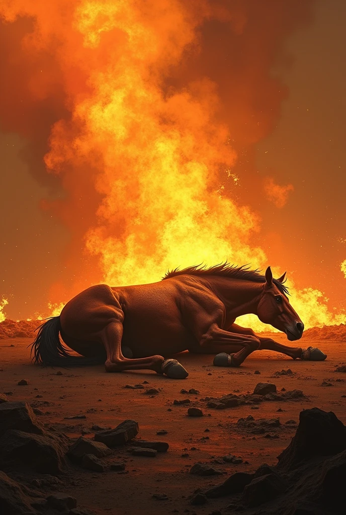 Horse is dead in fire explosion area. Warm color tone design 
