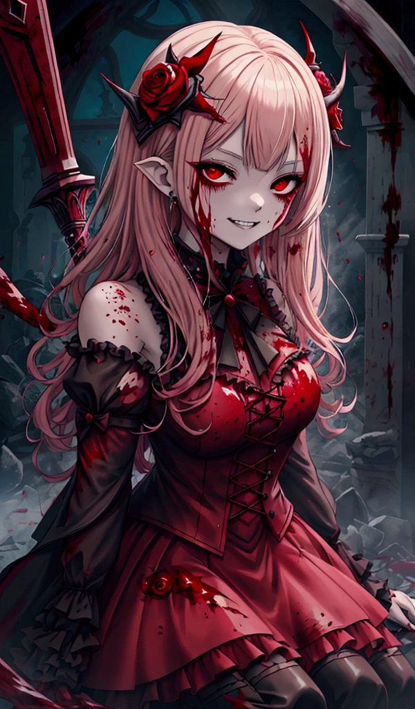 shaded face　、Holding a weapon、Looking at the viewers with a frightening expression、beautiful girl、とてもcute天使、Pink Gothic Fashion、cute、、smile、Long skirt、Black long boots、.(Highest quality,4K,High resolution,masterpiece:1.2),Very detailed,Realistic:1.37,Spooky altar background,Dark fantasy,Red color scheme,Ominous atmosphere,Eye-catching,Storytelling,anatomy,Anime Style,Concept Art,beautiful細部までこだわった顔と (((Red eyes ))),A terrifying ritual ,Satanic Ritual,Premature death,inappropriate behavior,クレイジーなsmile,Scythe Face,Girl Monster, beautiful, Delicate facial features, Sharp Eye, Sharp Fangs, pale skin, Dark Background, Cinema Lighting, Dramatic Shadows, Gothic style, Gloomy atmosphere, Dark fantasy, one person&#39;s, Please open your mouth wide, Open your mouth and baring your teeth,Sharp teeth like a beast, Wide lips, very wide mouth, Vermilion cheeks, ,(Blood splatter:1.4),Scary smile, smile,Angel Design, Twisted smile、Bloody、bleeding from the head,,,,,、Blood splatter、,(Blood splatter:1.4),skull,Demon Spear,Horror Style, ((Fantasy Sweet Ta Frill Pink Costume)), ((Flowing blonde hair)), ,(Blood splatter:1.4),Female curves, Sexy flat stomach, Perfect hands, Perfect anime face, (Pink Tata Dress)), Are standing, ((邪悪なsmile)), ,(Blood splatter:1.4), Steam circulates, Moonlight Illumination, night lighting, (Blood splatter:1.6),アニメAngel Design, Twisted smile、Bloody、bleeding from the head,,,,,、Blood splatter、,(Blood splatter:1.4), skull,Gothic architecture、Western architecture、Fantasy World、,Victorian cities, Skeleton Gas Light,Absurd, High resolution、 ((Tabletop)), ((Highest quality)), (Very detailedな), ((Very detailed)), (beautiful), ((cute)), (NFSW:1.8), alone,(:1.6)、(world&#39;The most terrifying and creepy demon girl:1.5)beautiful face、Whole Body Ezbian、pale, beautiful肌、beautiful金の髪、優しくsmileむ、Dark building ruins、(snow white&#39;Frill dress:1.3)、(The dark ruins are stained with blood:1.3)、Low angle full body shot、(少女は血の海の中にAre standing:1.5)、(The ground is full of blood:1.3)、(The girl lost a lot of blood....:1.3)、(クレイジーなsmile:1.6)、Spirits、(Blood dripping from the mouth:1.3)、
