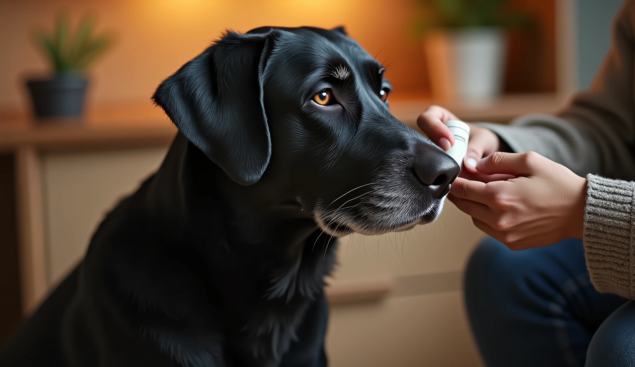 A highly detailed image of an elderly Black Labrador Retriever, its coat now a mix of white and silver, with noticeably cloudy eyes. The dog sits calmly as its owner administers medication, the bond of trust and care evident in the scene. The setting is a cozy kitchen, with warm lighting that highlights the dog’s silvered fur, capturing the routine and dedication of caring for an aging pet, hotorealistic, 8K, (best quality, 4K, 8K, high resolution.