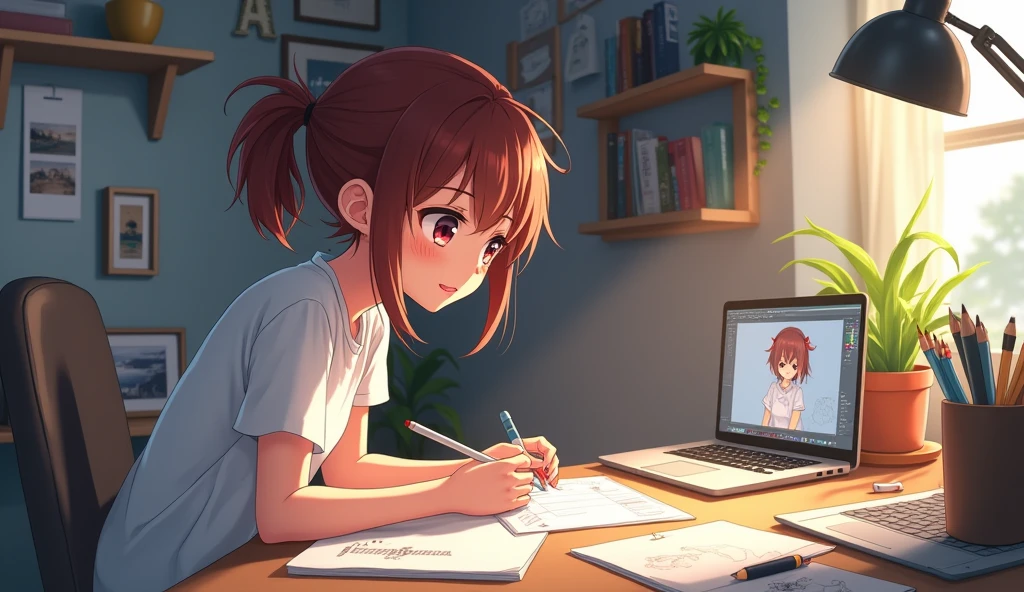 anime girl studying animation video