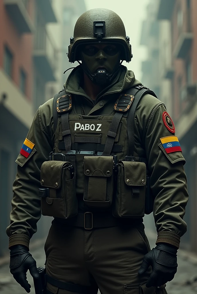 Believe me, a commando-type commander with his face covered, Venezuelan and with the phrase Plan Z, improve it by placing the name Commander Pablo on the side of the uniform on the chest. Leave this image the same, just change the name on the chest to Pablo and add Venezuelan flags on the arms., But don't change the image, leave it the same, just improve it with the orders I gave you.