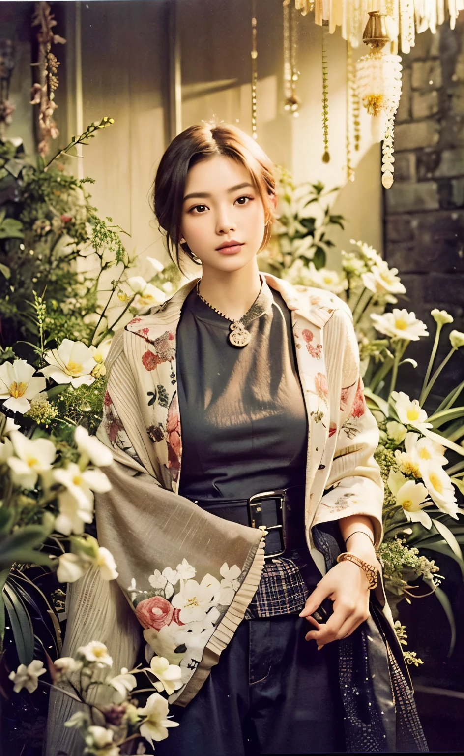 (best quality, 8k, 32K, masterpiece, uhd:1.2) "Create captivating artwork featuring a young Japanese girl model in a short video.., sleek black hair styled in a chic bob hairstyle. Envision her bathed in dramatic cinematic lighting, Create an atmosphere of charm and mystery. Emphasizes a romantic aesthetic atmosphere, The model is presented in a calm and elegant pose that evokes intimacy and sophistication... Add a romantic atmosphere by using warm and soft tones.., Consider incorporating elements such as flowing fabrics or flowers to add a celestial touch... Capturing the essence of romance and beauty through the model's facial expressions, play of light and shadow, And the overall aesthetic, Create visually compelling and emotionally relatable work.." (perfect eyes), flawless skin, flawless face, cinematic, solid body, ((Balanced female hands)), ((Five digit female hand)) ((The body is well balanced)), ((chic bob hairstyle)), forest, autumn