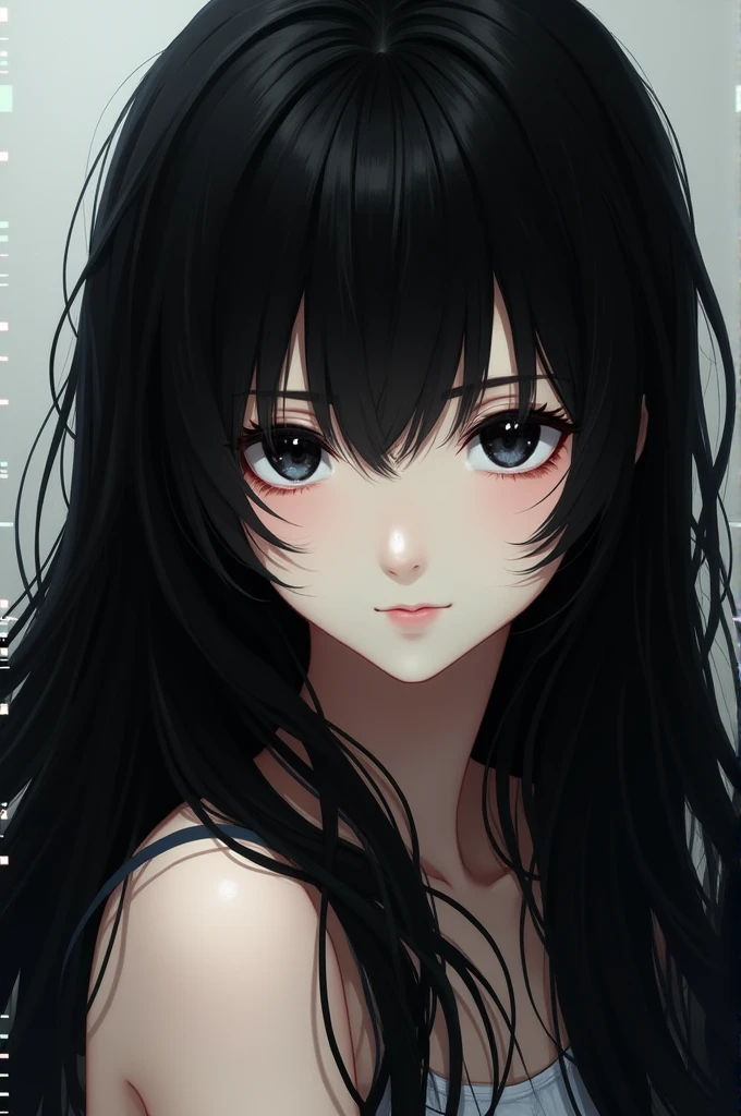 Black-eyed girl face, long black anime style hair