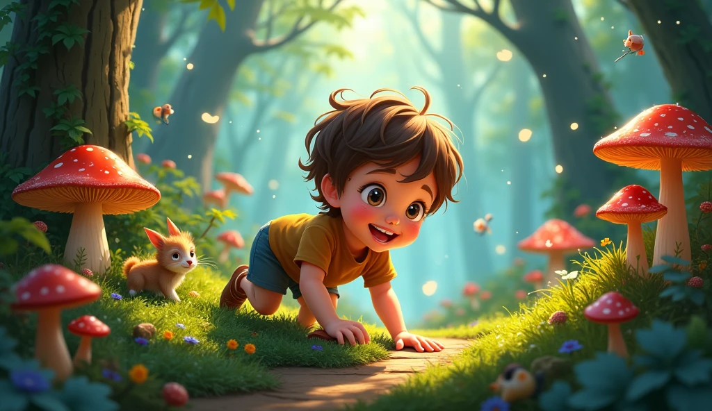 Picture Prompt: Charlie continues his journey, crawling happily through the forest, with new wonders around every corner—like colorful mushrooms, fluttering fireflies, and playful animals