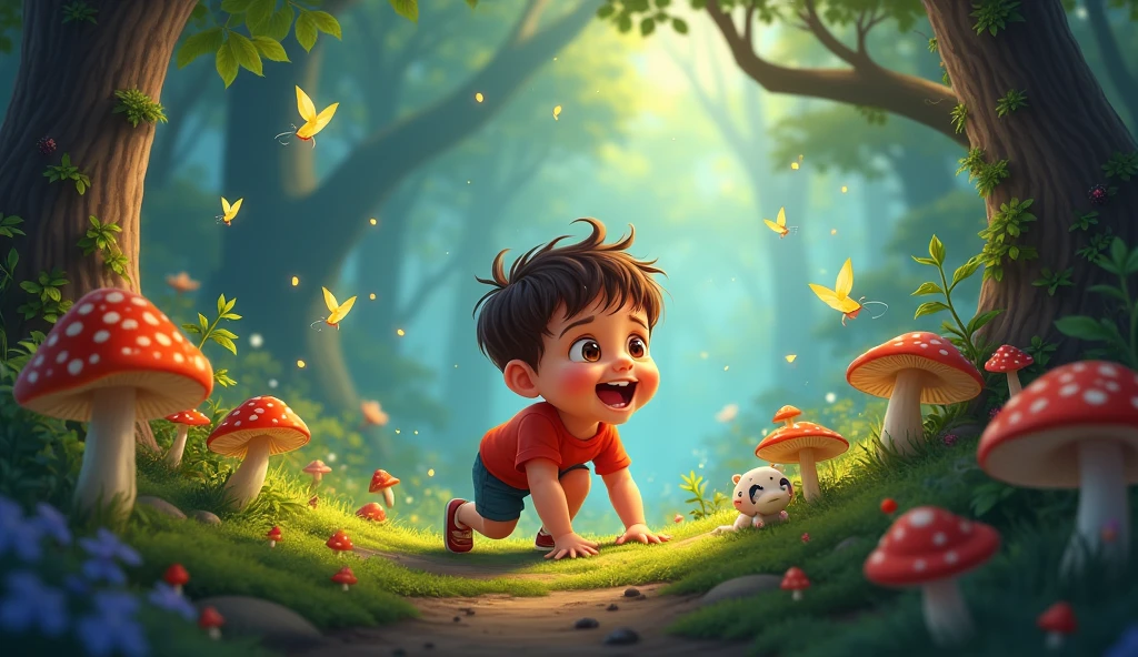Picture Prompt: Charlie continues his journey, crawling happily through the forest, with new wonders around every corner—like colorful mushrooms, fluttering fireflies, and playful animals