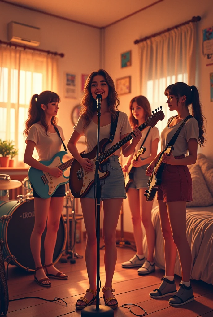 A band of cute girls standing holding microphones singing in the bedroom. A band of cute girls standing playing electric guitars in the bedroom. A band of cute girls standing playing bass guitars in the bedroom. A band of cute girls playing drums in the bedroom.