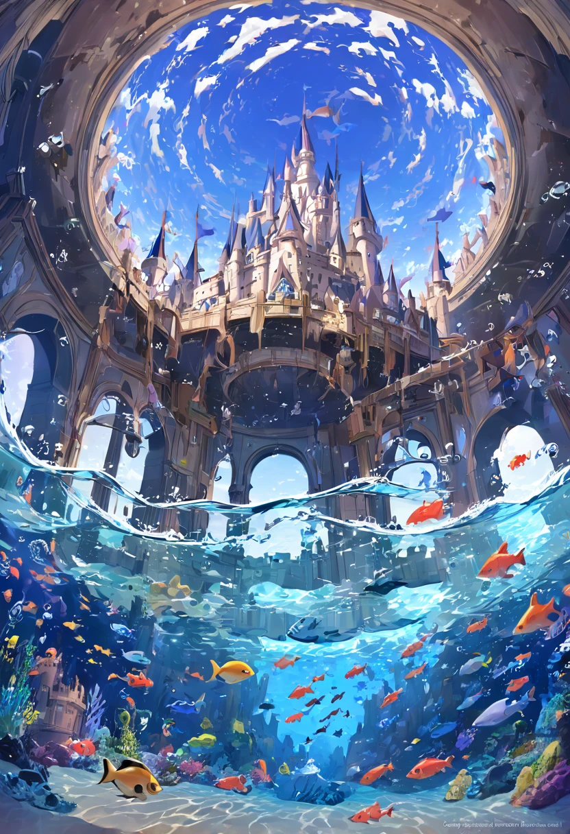 A castle under the sea, with colorful fish swimming around it 