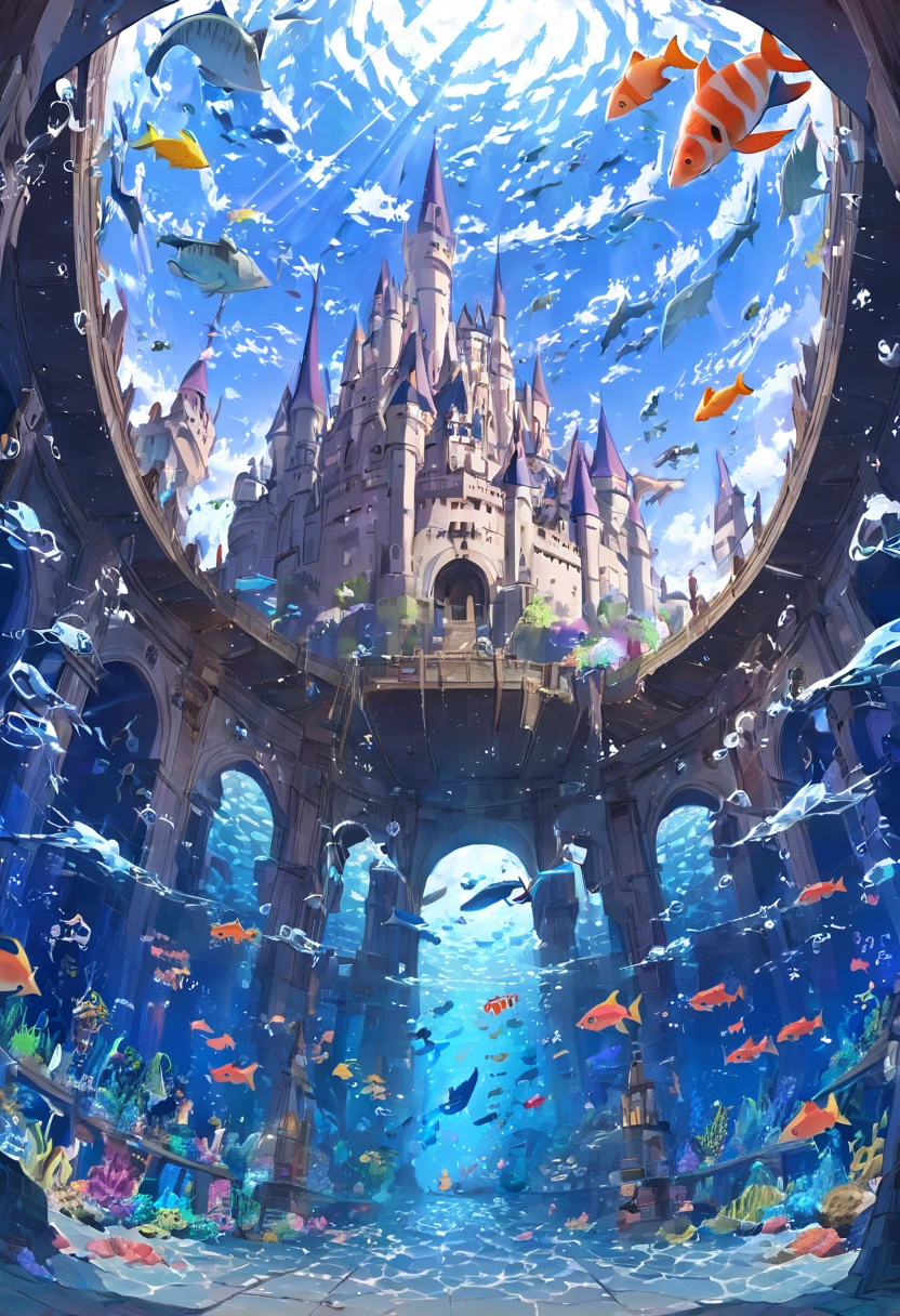 A castle under the sea, with colorful fish swimming around it 