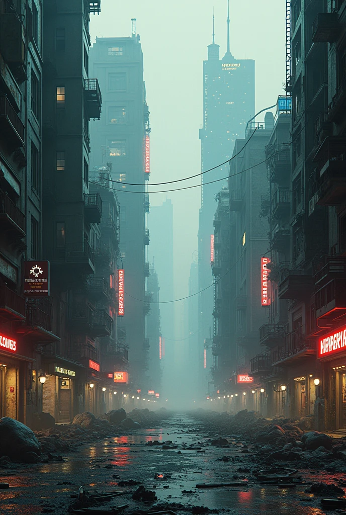 Make a post apocalyptic cyber punk city destroyed and without hope of life
