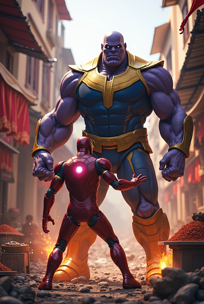 Thanos and iron man fighting in the market in india 