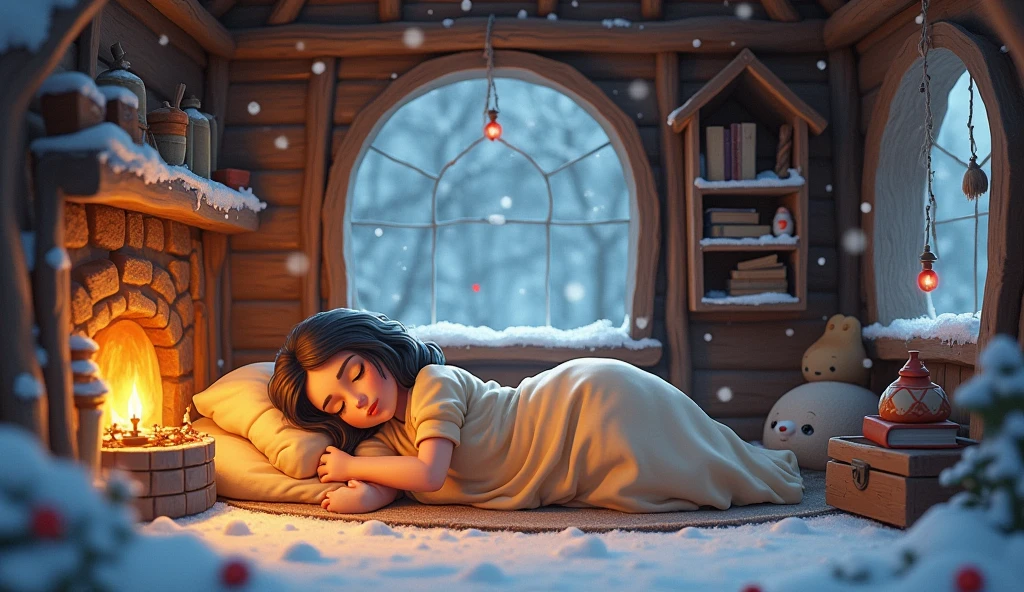 coexist、Warmth、Friendship: The Little People's Cute Hut Snow White sleeps in bed
