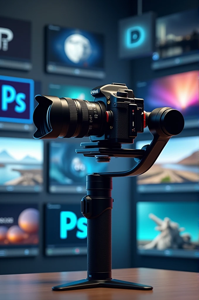 La caméra sur un stabilisateur jus de phase que tout la caméra et les stabilisateurs soient visibles sur l'image
Avec des images et de logos de Photoshop, After effect et Première pro dans le fond avec des outils de Photoshop primer pro et After effet
