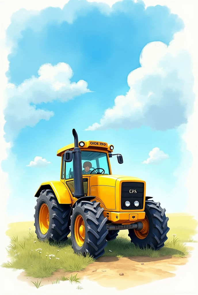  yellow tractor side painted drawing watercolor, with blue watercolor background and clouds as painting