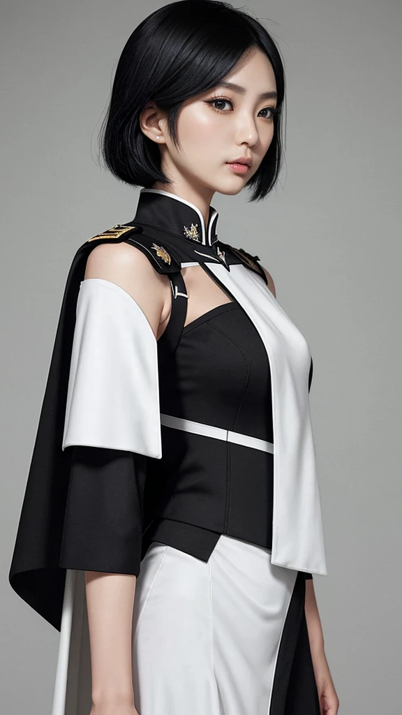 Taiwanese beauty。Black hair medium。The shoulder emblems on both shoulders have different designs on the left and right shoulders.。The black military uniform is accompanied by a waist-length white cape with an asymmetrical front.。