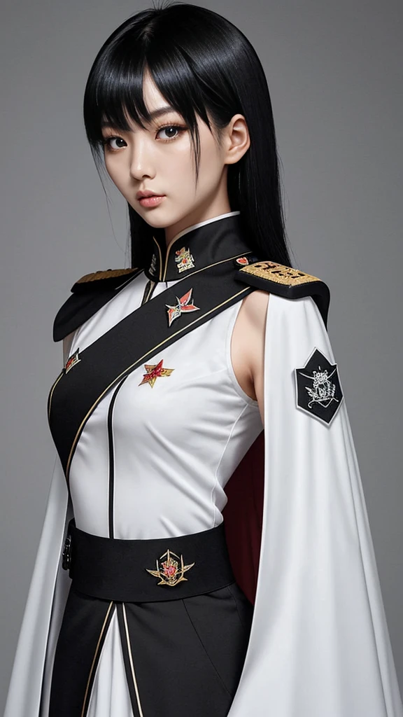 Taiwanese beauty。Black hair medium。The shoulder emblems on both shoulders have different designs on the left and right shoulders.。The black military uniform is accompanied by a waist-length white cape with an asymmetrical front.。