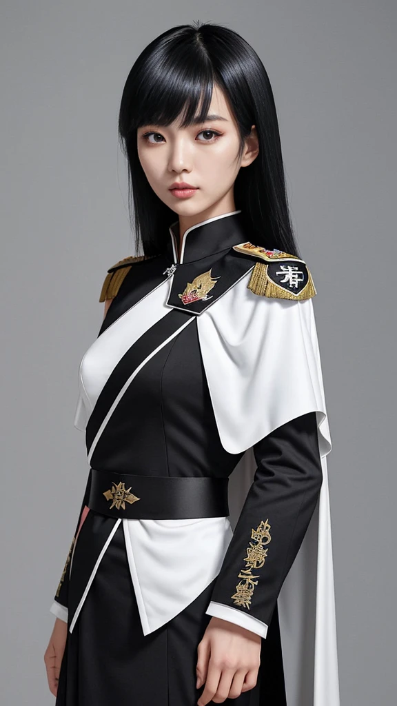 Taiwanese beauty。Black hair medium。The shoulder emblems on both shoulders have different designs on the left and right shoulders.。The black military uniform is accompanied by a waist-length white cape with an asymmetrical front.。