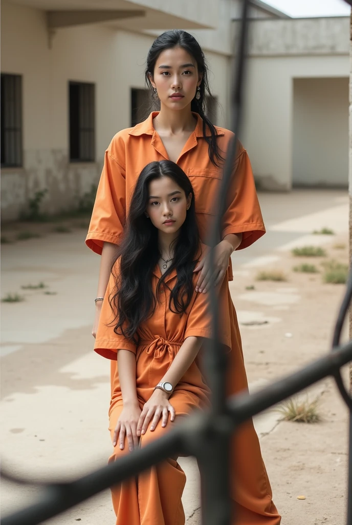 beautiful Instagram model, (long black hair ) , with her friend, at prison, auf dem hof vom gefängnis, orange jumpsuit