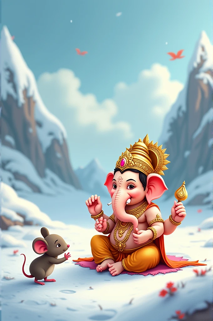 A mouse and Lord Ganpati with snow background 