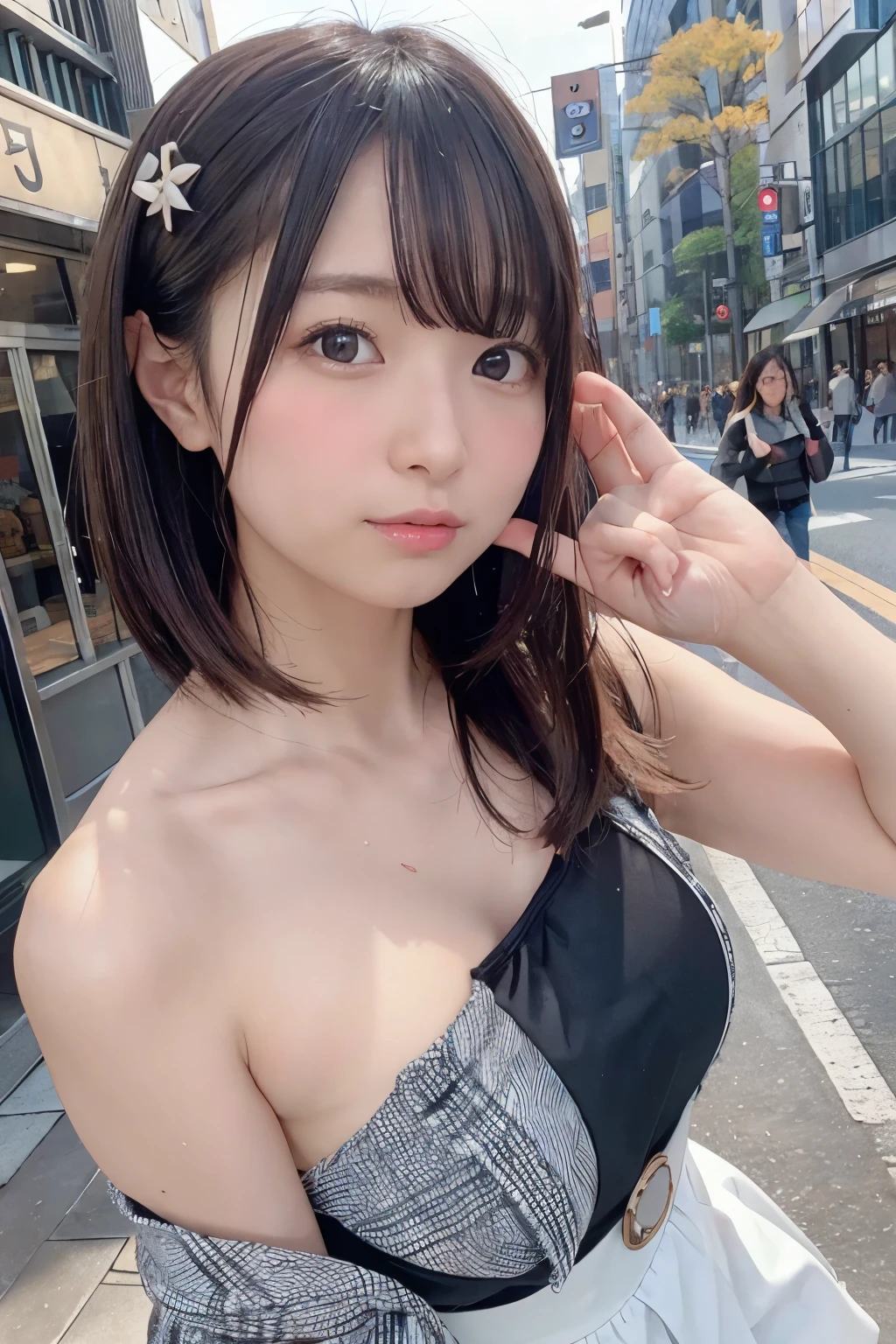 (、, Long Hair, 、(((Completely naked))),(((Completely naked))),smile、(((Round face))),Big eyes, Round eyes、No makeup、、Beautiful cityscape、Blurred Background、(((Upper body photo))),(((Are standing)))