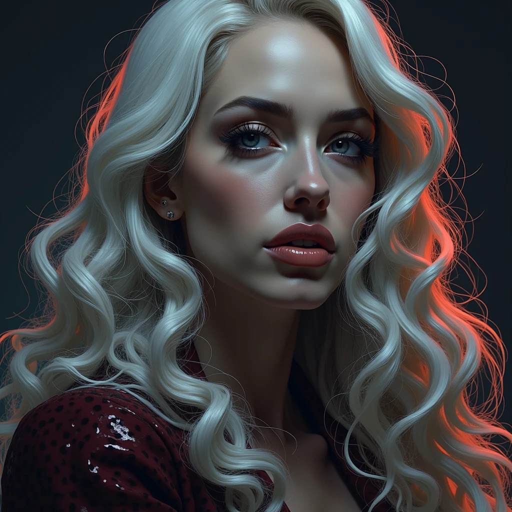 portrait of femme_fatale, long_hair, realism, (best quality,4k,8k,highres,masterpiece:1.2),ultra-detailed,(realistic,photorealistic,photo-realistic:1.37),intricate details, dramatic lighting, chiaroscuro, cinematic composition, elegant, mysterious, alluring, captivating gaze, flawless skin, seductive pose, lush background, 