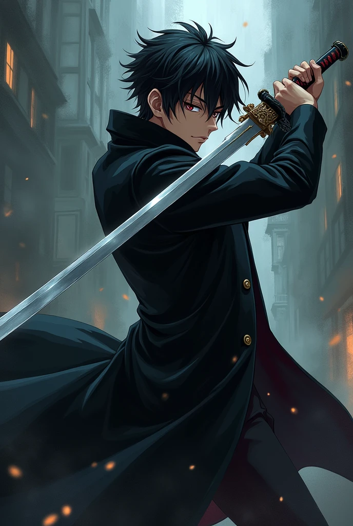 Create an anime style character, with a black overcoat, and a sword in his right hand
