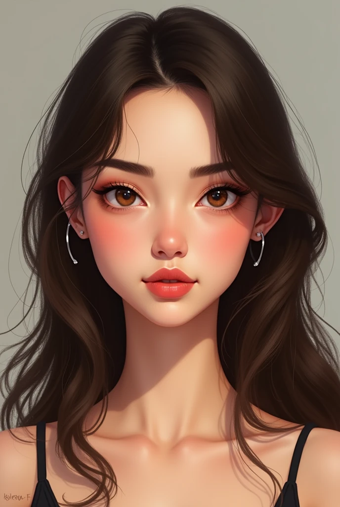 Imagine a white woman, with brown eyes, nose with rhinoplasty, lips more or less large, long brown hair, big black eyebrows and chubby cheeks