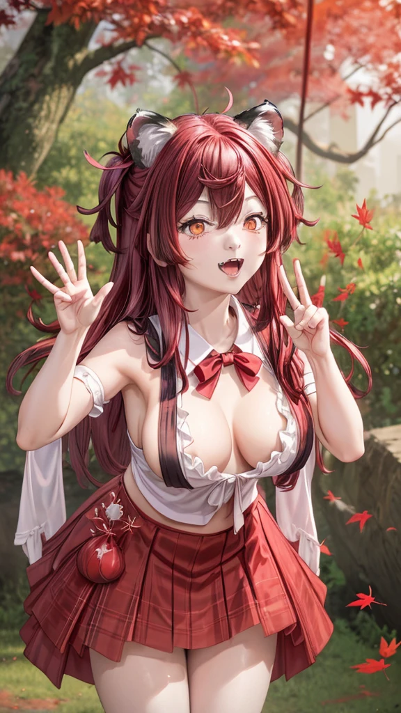 red maple tree.Falling red maple leaves,A lovely and charming girl,Pink long hair shawl,cat ear,Big breasts,Wearing a red lolita skirt,bend over,Victory gesture,Lips slightly open,，Image fill, movie lighting effects, Showing tiger teeth/Showing fangs, 