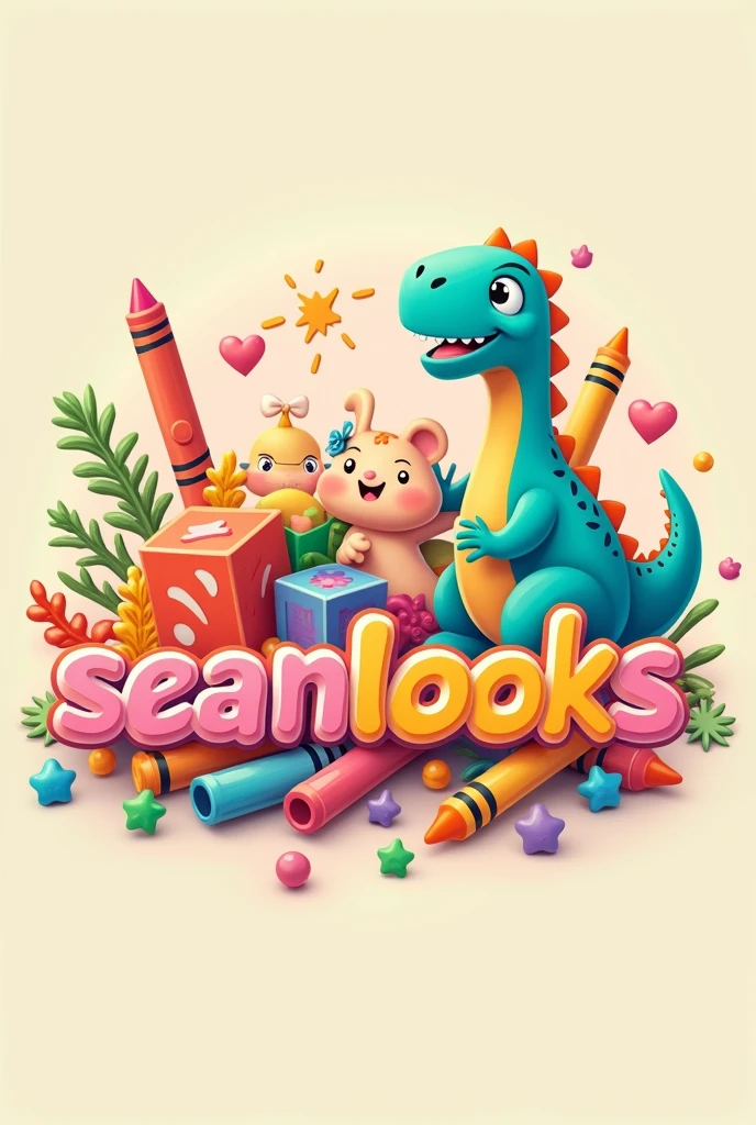 Logo name seanlooks, pastel background, crayons, dinosour, baby, kids, toys, apparels, vibrant, 2d, 4k