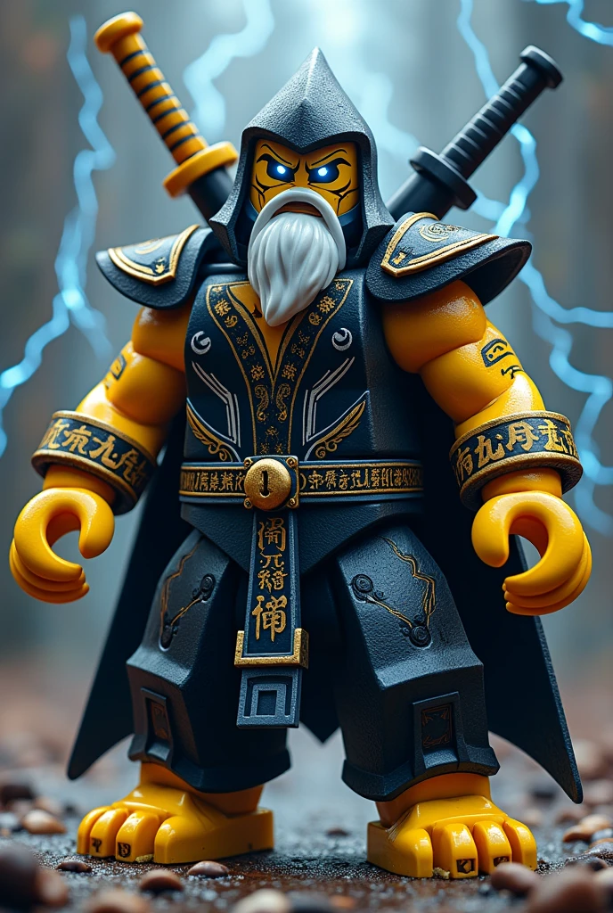 Créer moi un lego ninja go avec 4 bras en or le premier maitre du spijisufuturiste de la dernière puissance dimensionaire et doit être en lego un ninja avec un chapeau de paille pointu en gris et noir sur la tête avec un masque qui cache la moitié du visage de couleur or profond, avec une barbe blanche autour de la bouche et avec une peau jaune et autour des yeux des symbole de foudre en bleu éclair et noir sombre et un regard terrible de noirceur avec des yeux ridé en lumiere avec un symbole de foudre dans les yeux avec une puissance incroyable avec comme puissance élémentaire l’électrique, l’énergie, la terre, le feu, la glace. Les habits du ninja doit être tout noir avec des traces grise anthracite, bleu foncé et golden suprême et fer anthracite avec des reure en forme d’électricité bleu clair et jaune brillant et des écritures japonaises et le parchemin antique sacré le plus puissant en golden. Un ninja imbattable monstrueux beaucoup trop puissant qui contrôle tous les pouvoirs élémentaires. Le ninjadoit être destructeur et soif de victoire un gentil et mechant avec un sabre dans le dos