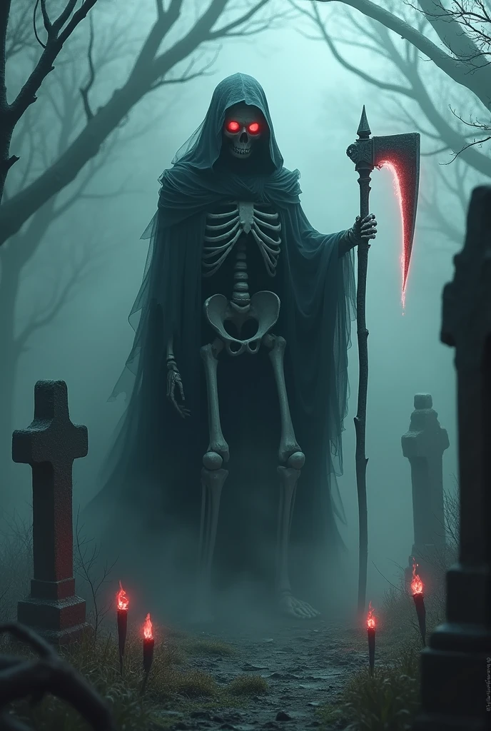 A terrifying and mysterious creature named 'Shadow Reaper,' absorbing souls in an ancient, fog-filled cemetery. The Shadow Reaper is a 3-meter tall skeletal figure cloaked in dim, shadowy mist, with black smoke swirling from its bones. Its eyes glow a sinister red in the darkness, and it wields a long, dark scythe. The scene shows the Shadow Reaper drawing glowing, ethereal souls from the ground, with ghostly apparitions rising from old, crumbling tombstones. The atmosphere is eerie and haunting, with a cold, spectral light illuminating the reaper's skeletal form and the surrounding gravestones. The mood is dark and ominous, capturing the essence of a soul-stealing entity in a chilling setting.