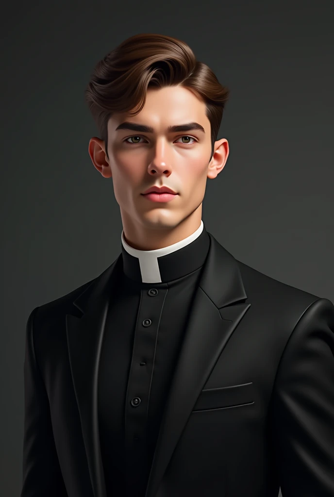 a young man of about twenty-five years old, Brown hair, Brown eyes, Tez blanca, without a cleft chin, with a black suit and a realistic priest&#39;s collar