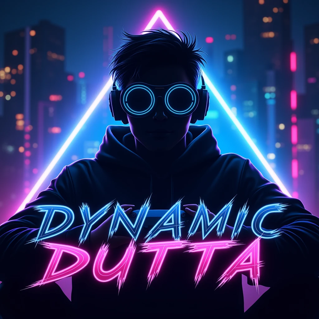 Design a vibrant YouTube profile photo for a gaming channel. The image should feature a dynamic background with dark blues and neon purples, evoking a futuristic gaming world. At the center, include the silhouette of a 20-year-old boy wearing round-shaped goggles, holding a gaming controller, with his face hidden in shadows. The figure should emit a glowing electric energy. Incorporate the name 'Dynamic Dutta' in bold, metallic, futuristic font with a neon glow effect. The overall design should be sharp, modern, and energetic, reflecting the excitement of gaming