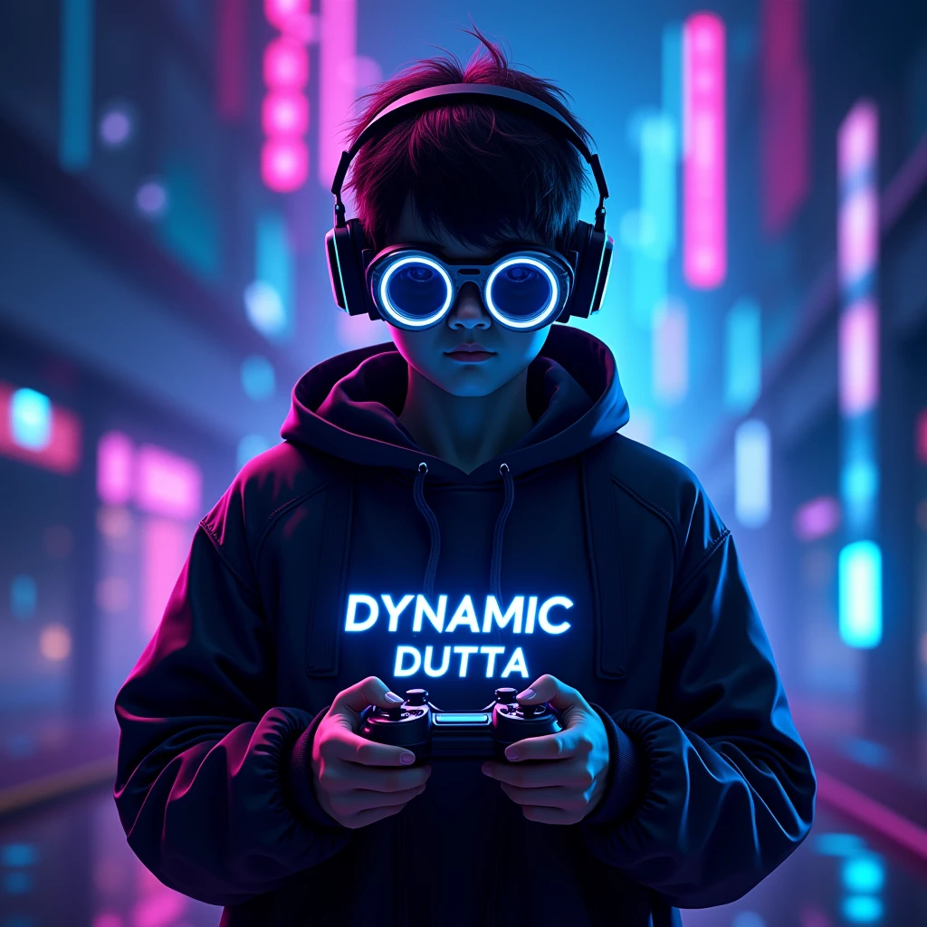 Design a vibrant YouTube profile photo for a gaming channel. The image should feature a dynamic background with dark blues and neon purples, evoking a futuristic gaming world. At the center, include the silhouette of a 20-year-old boy wearing round-shaped goggles, holding a gaming controller, with his face hidden in shadows. The figure should emit a glowing electric energy. Incorporate the name 'Dynamic Dutta' in bold, metallic, futuristic font with a neon glow effect. The overall design should be sharp, modern, and energetic, reflecting the excitement of gaming